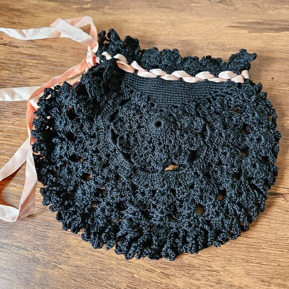 Antique Victorian Black Pink Cotton Knit Crochet Purse Lingerie Storage Bag - Picture 4 of 5